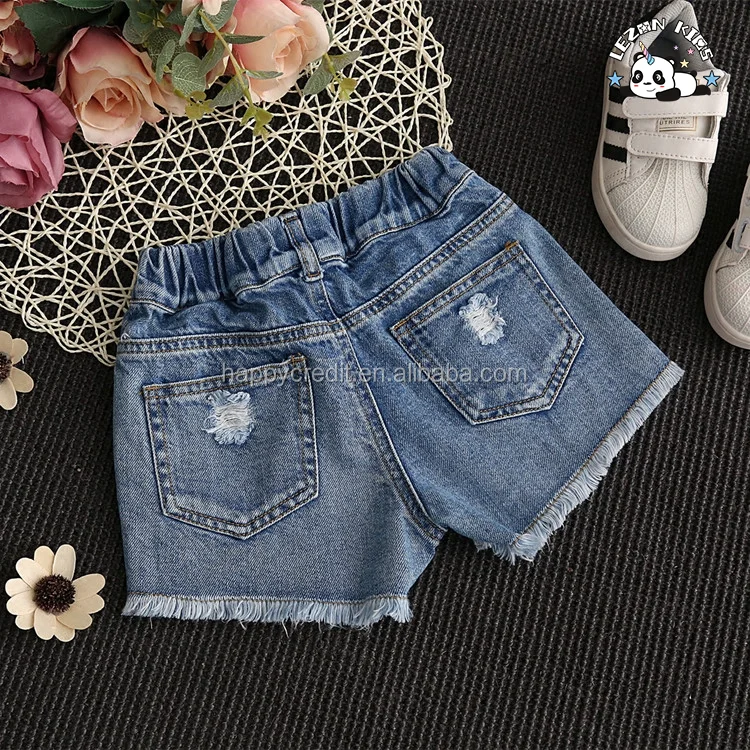 LEZONKIDS - Custom Kids Denim Shorts Mid Waist Casual Western Style Ripped Raw Edge Elastic Waist Cotton Fabric Hot Shorts Pattern Washed